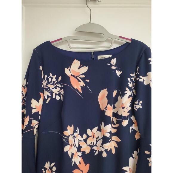 Women's Eliza J Navy & Pink Floral Knee Length Dress w/ Bell Sleeves | Size 8 - Picture 3 of 10